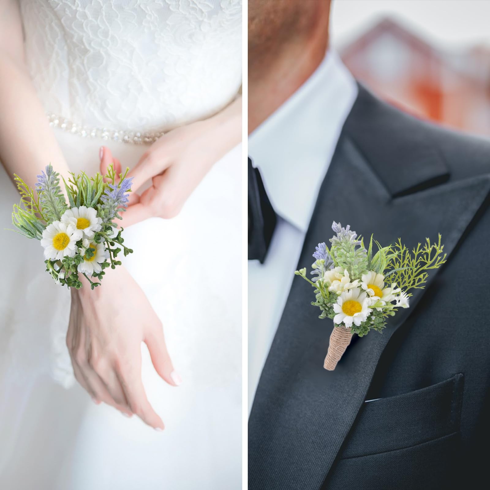 2Pcs White Daisy Corsage Wrist Flower Set Artificial Hand Flower and Boutonni…