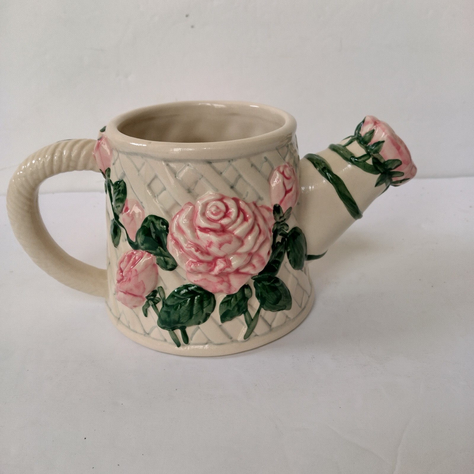 VTG 1996 H. BeaugArt Designs Ceramic Watering Can Planter Pink Roses Flowers Inc