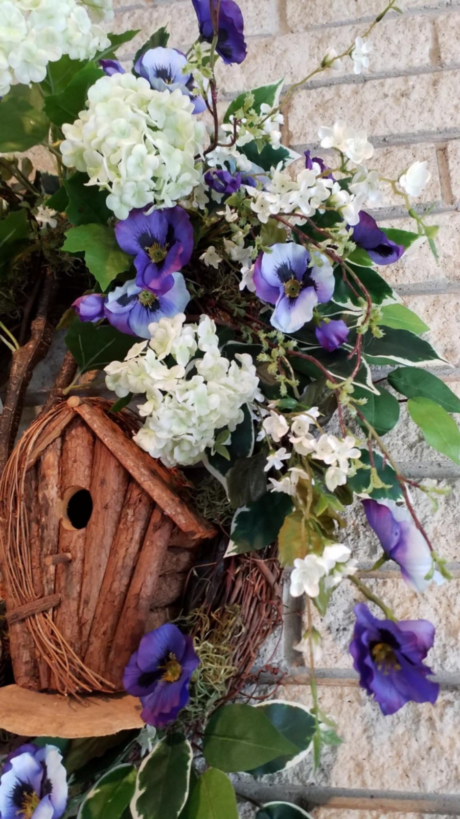 Flower Wreath Spring Summer Door Decor Bird Hydrangea Pansy Flower Arrangement