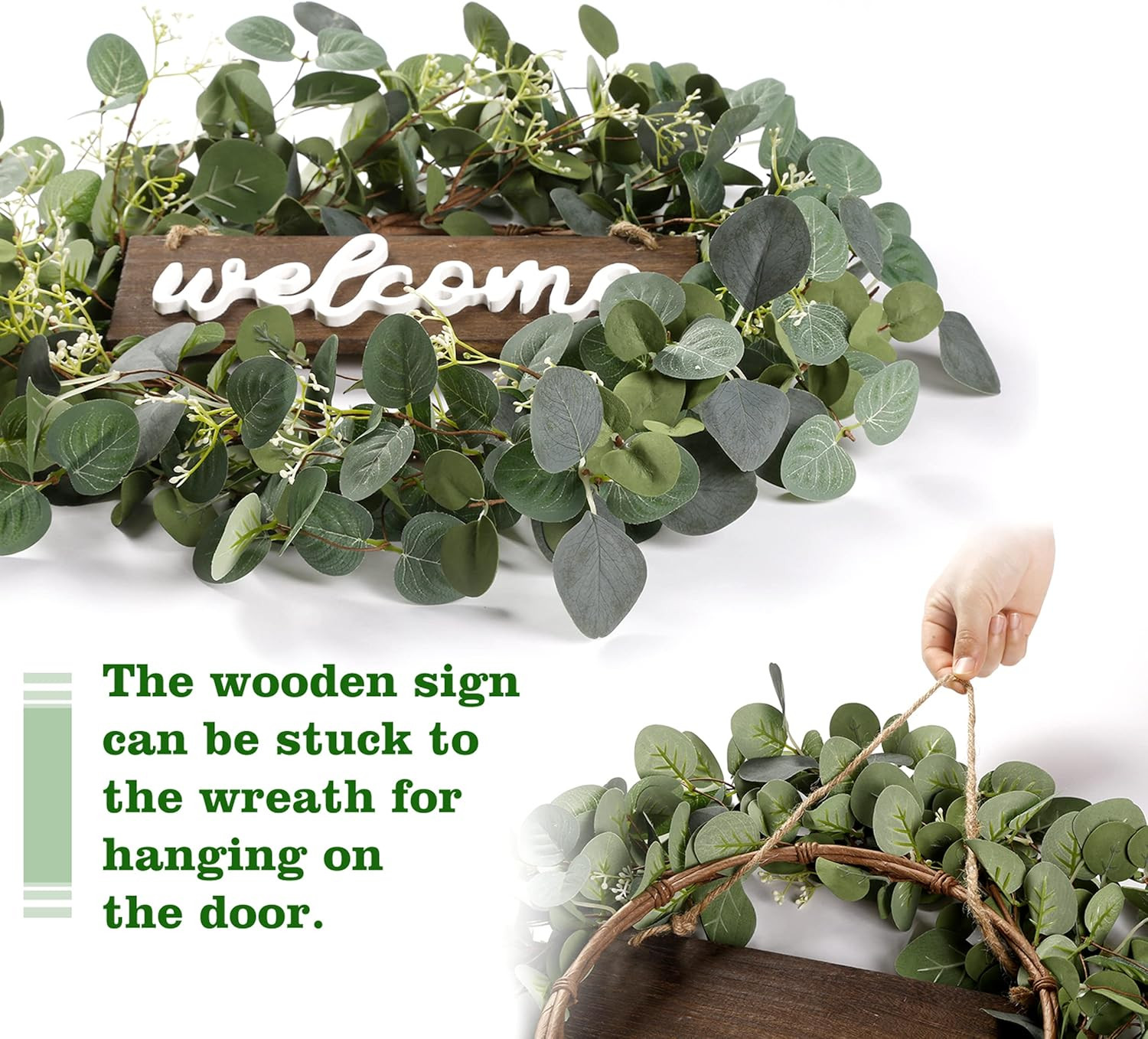 Green Eucalyptus Leaf Wreath with Welcome Sign 20In Artificial Eucalyptus Wreath