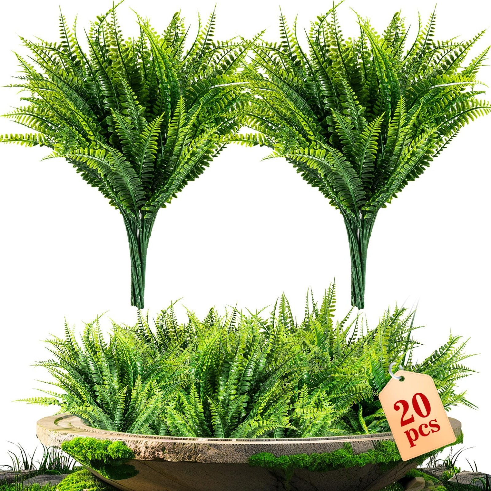 20PCS Artificial Boston Fern Stems – Realistic Faux Greenery for Home, Garden, P