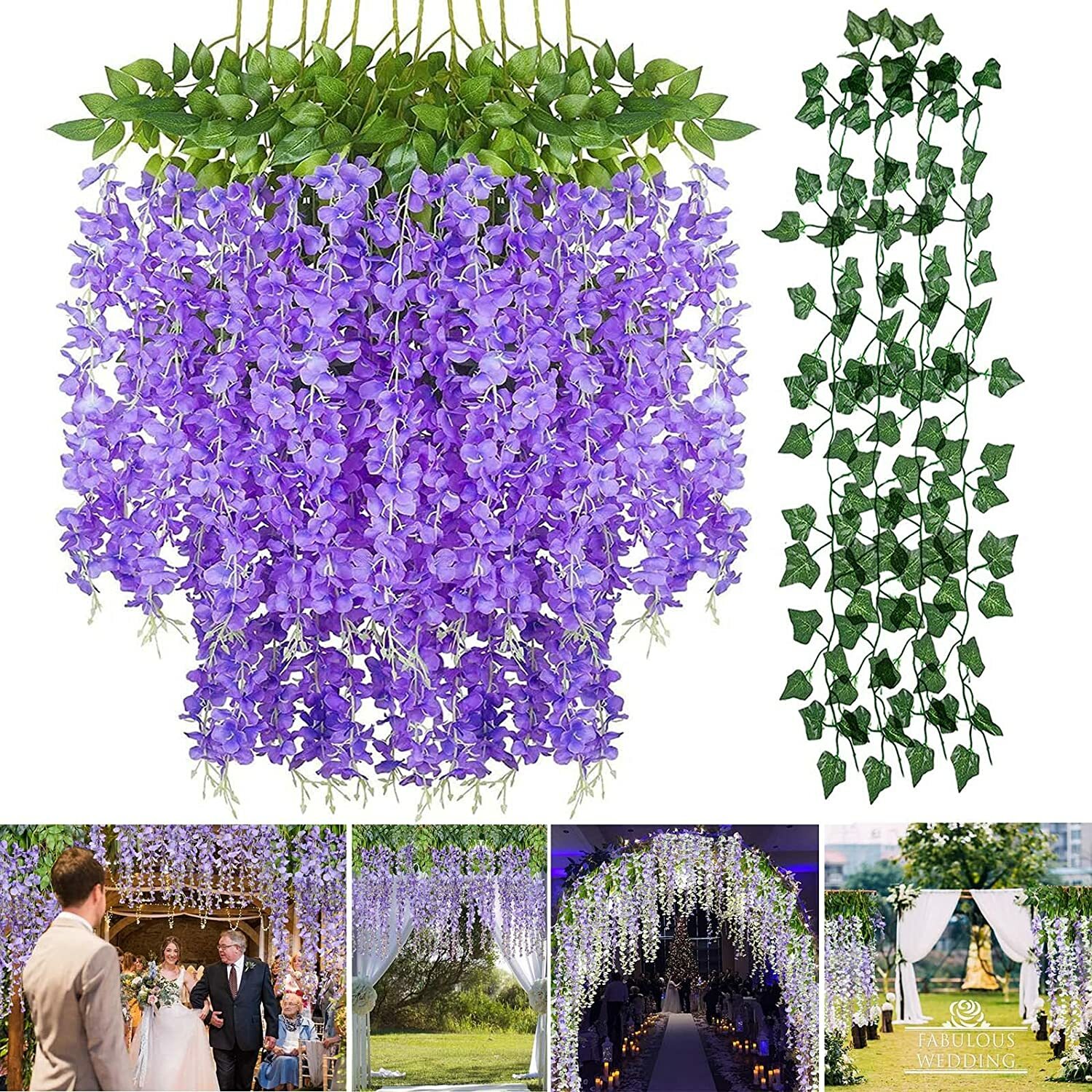 12 Pack Artificial Wisteria Hanging Flowers /6.56 Feet Artificial Ivy Leave Vine