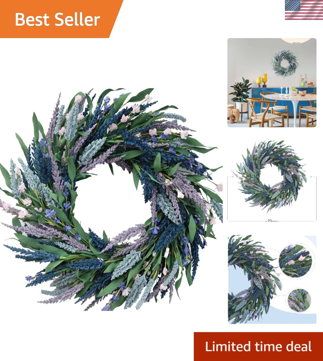 Durable 20-Inch Lavender & Green Leaf Wreath – All-Season Door & Wall Decor