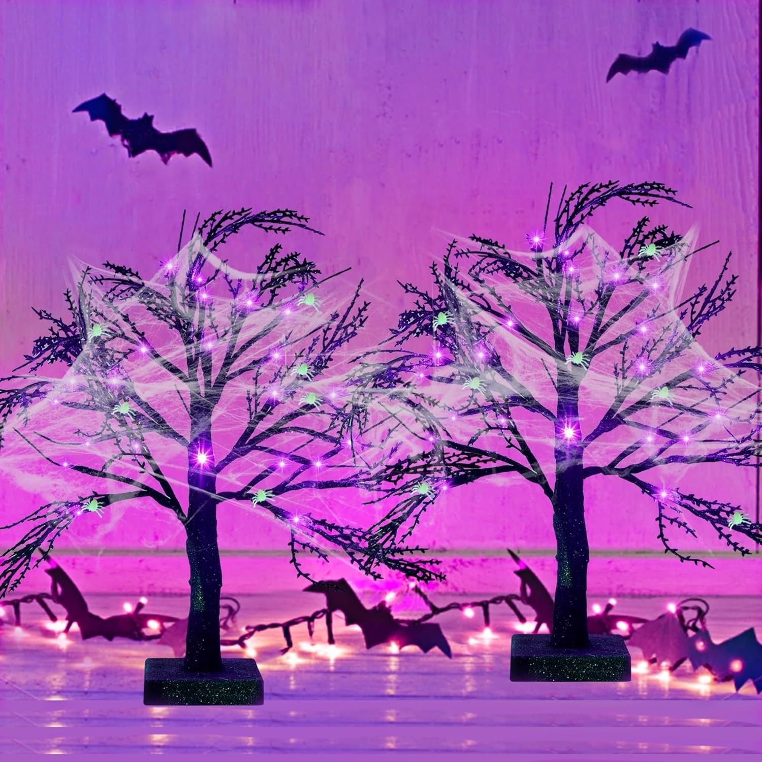 2 Pcs Halloween Black Spooky Tree with 24 LED Purple Lights, Spider Web and 1…