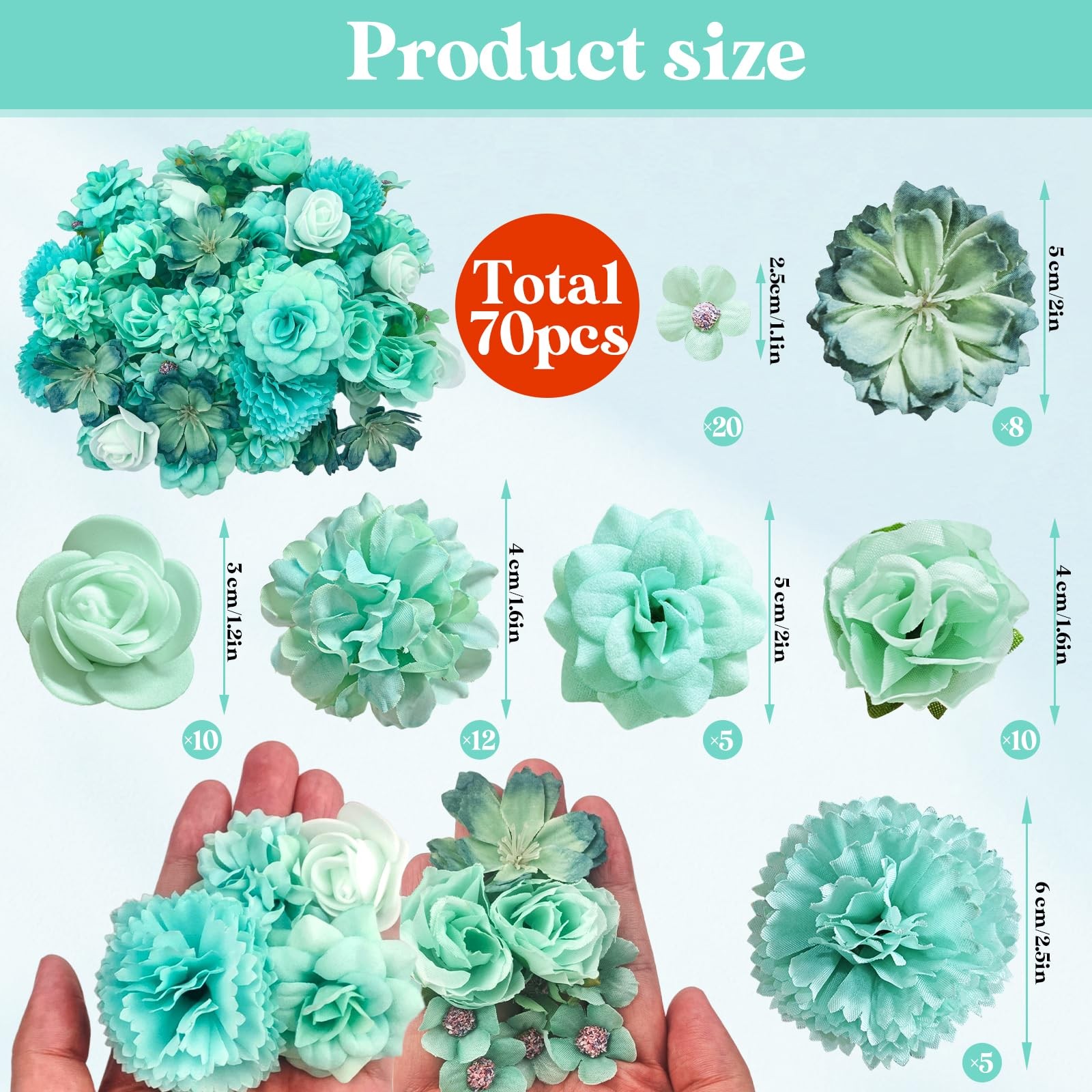 Mini Artificial Flowers Heads Mint Green Silk Peony Daisy Rose Mix 70 PCS Set