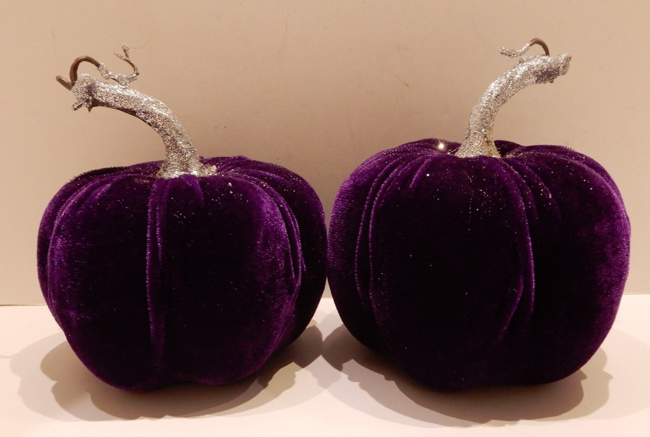 Purple Velvet Pumpkin with glitter stems Lot of 2