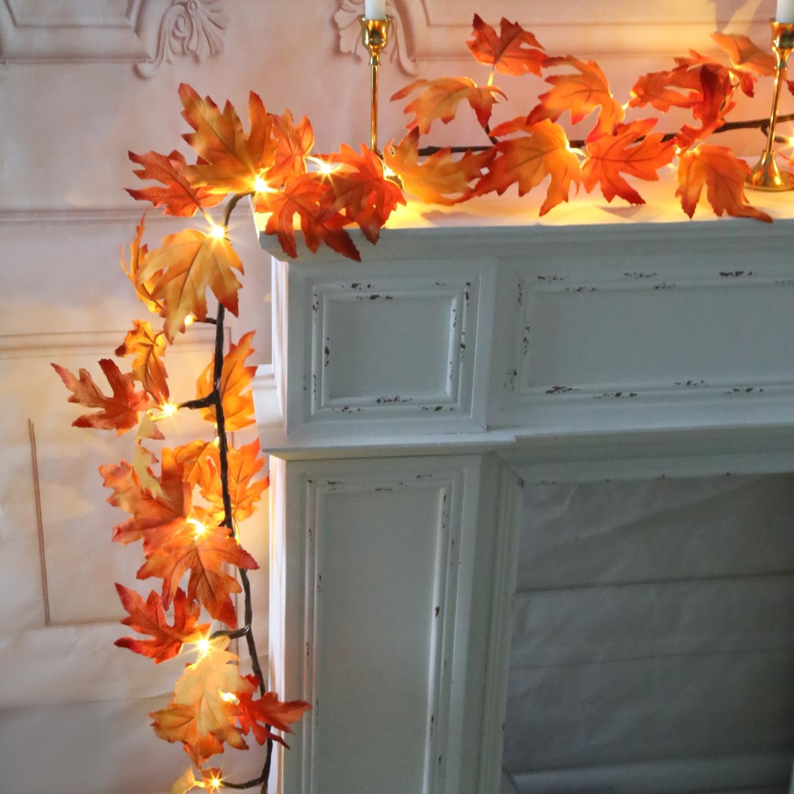 6FT Fall Maple Leaf Garland with 24 LED Lights Outdoor Fall Halloween Thanksg…