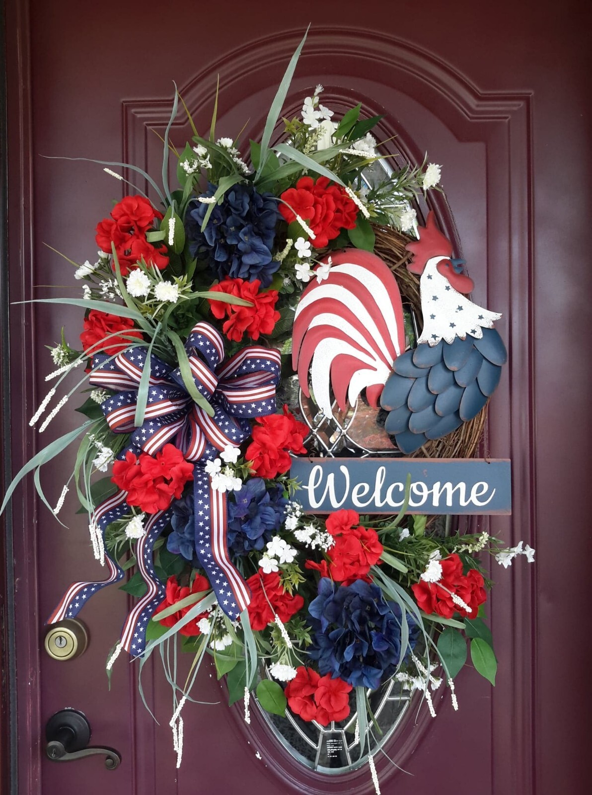 Patriotic Door Wreath Rooster Flower Door Decor USA Memorial Day Fourth of July