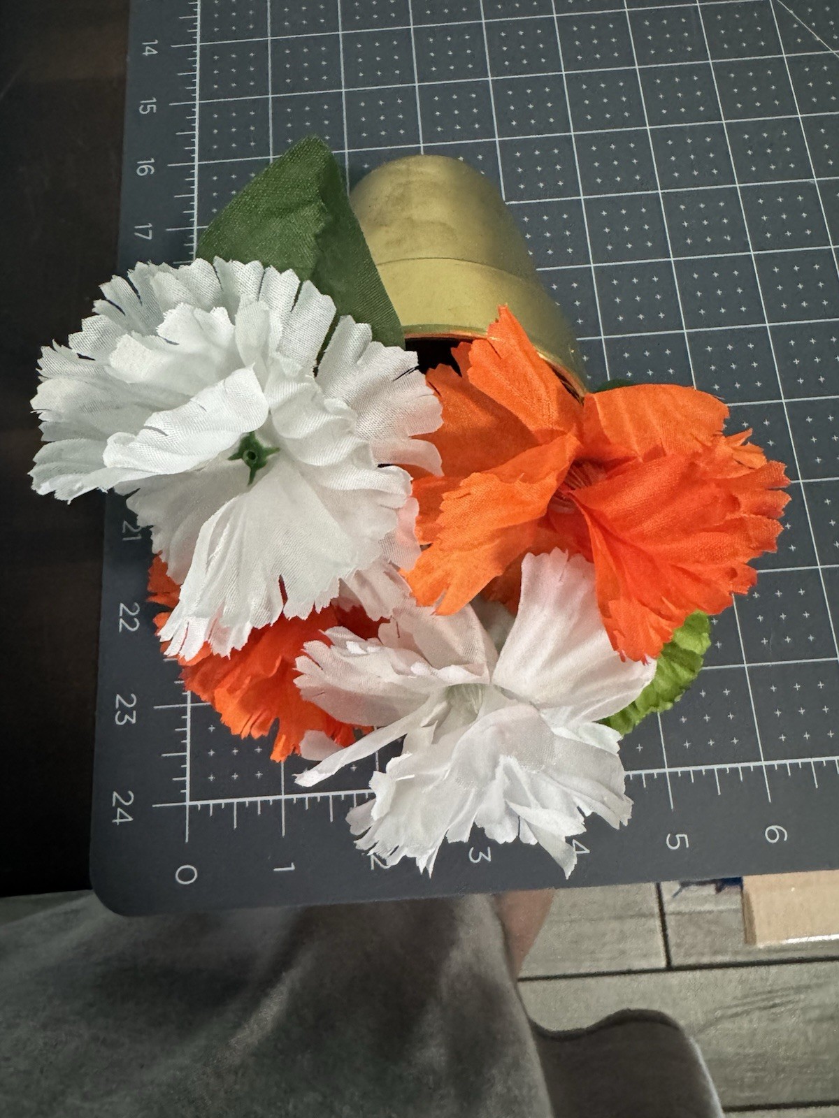 Set Of 2 St.Patricks Faux Plants Gold Pots With Orange White And Green Flowers