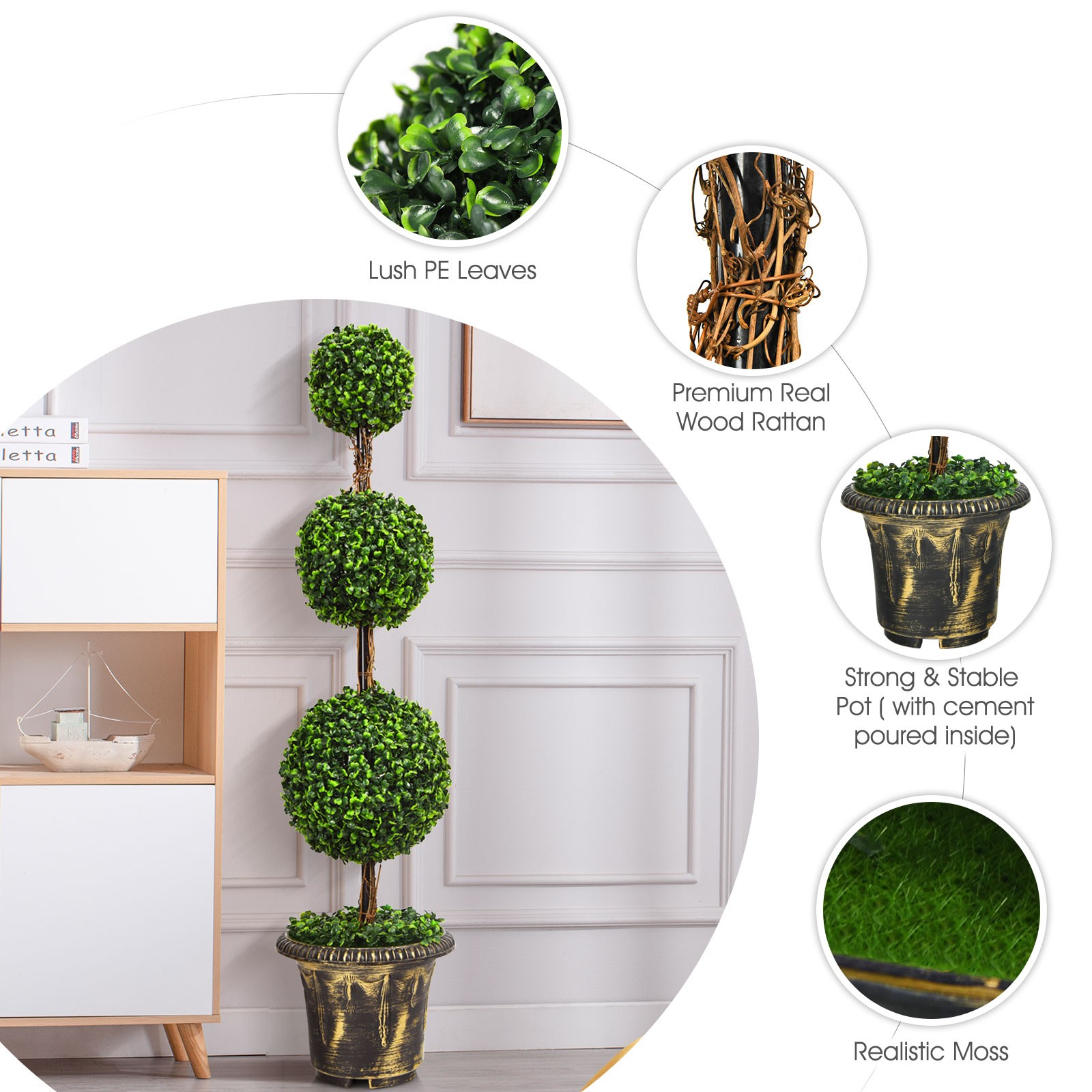 Costway 4′ Artificial Topiary Triple Ball Tree Plant Indoor Outdoor UV Resistant