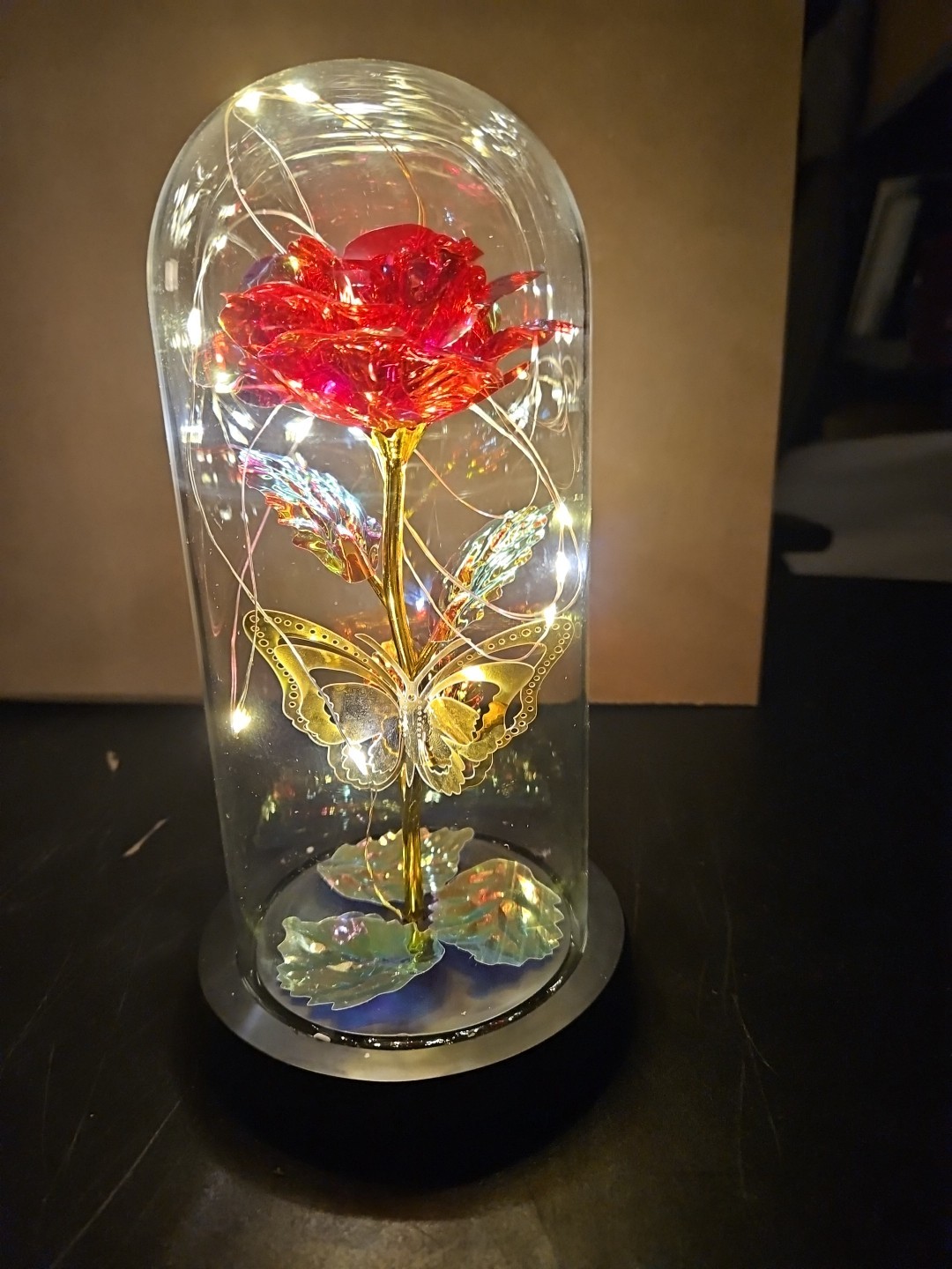 LED Red Rose, Butterfly Glass Dome. Tested Batteries