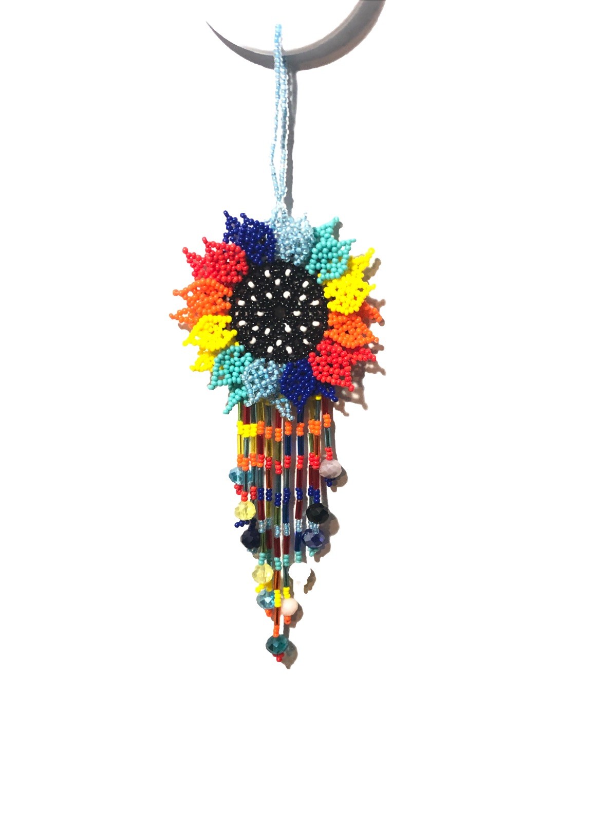 Hand Made Beaded Colorful Mexican Sunflower 5” Seed Bead Dangle Charm Ornament.