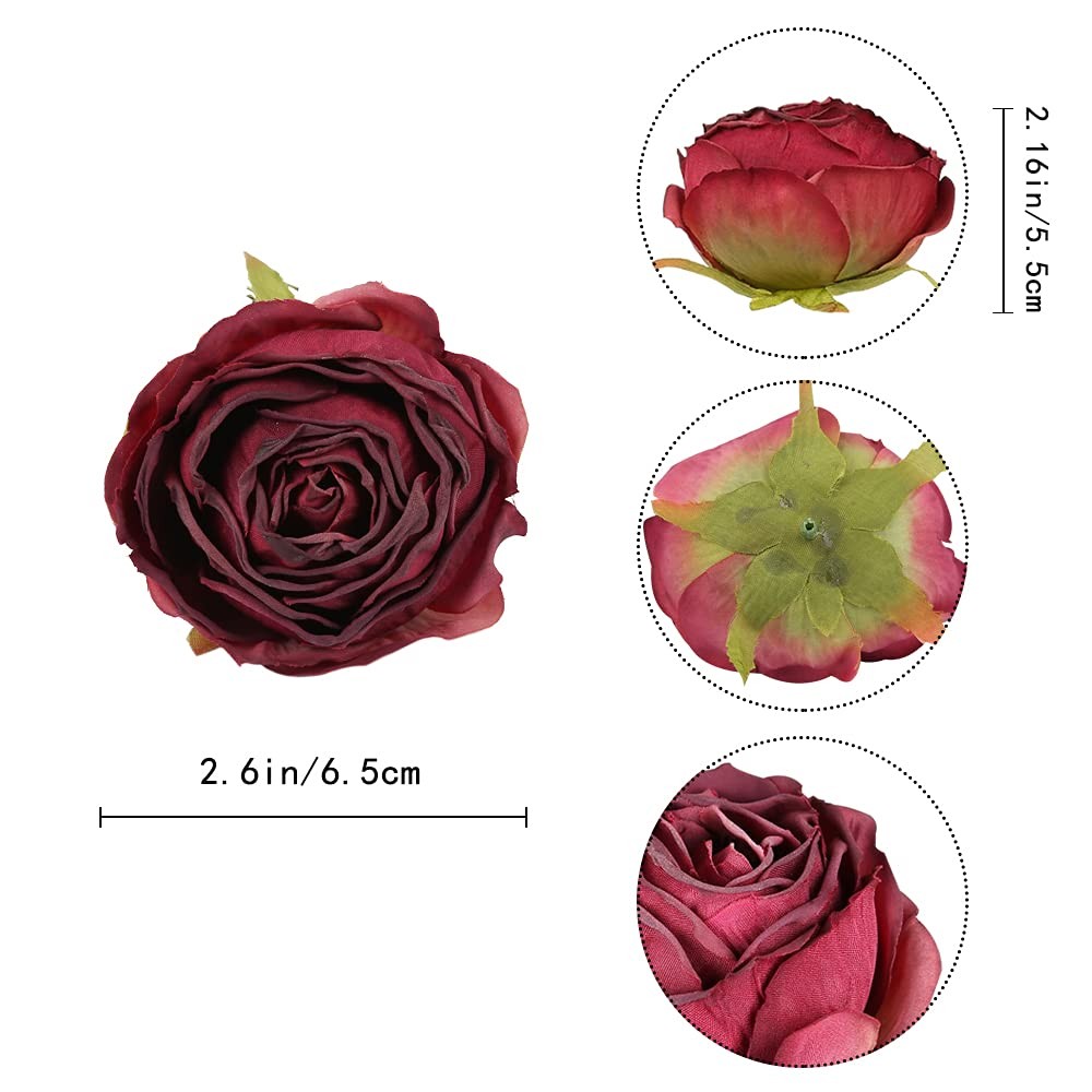 IPOPU Burgundy Artificial Flowers Roses Heads 25pcs Fake Dried for Decoration