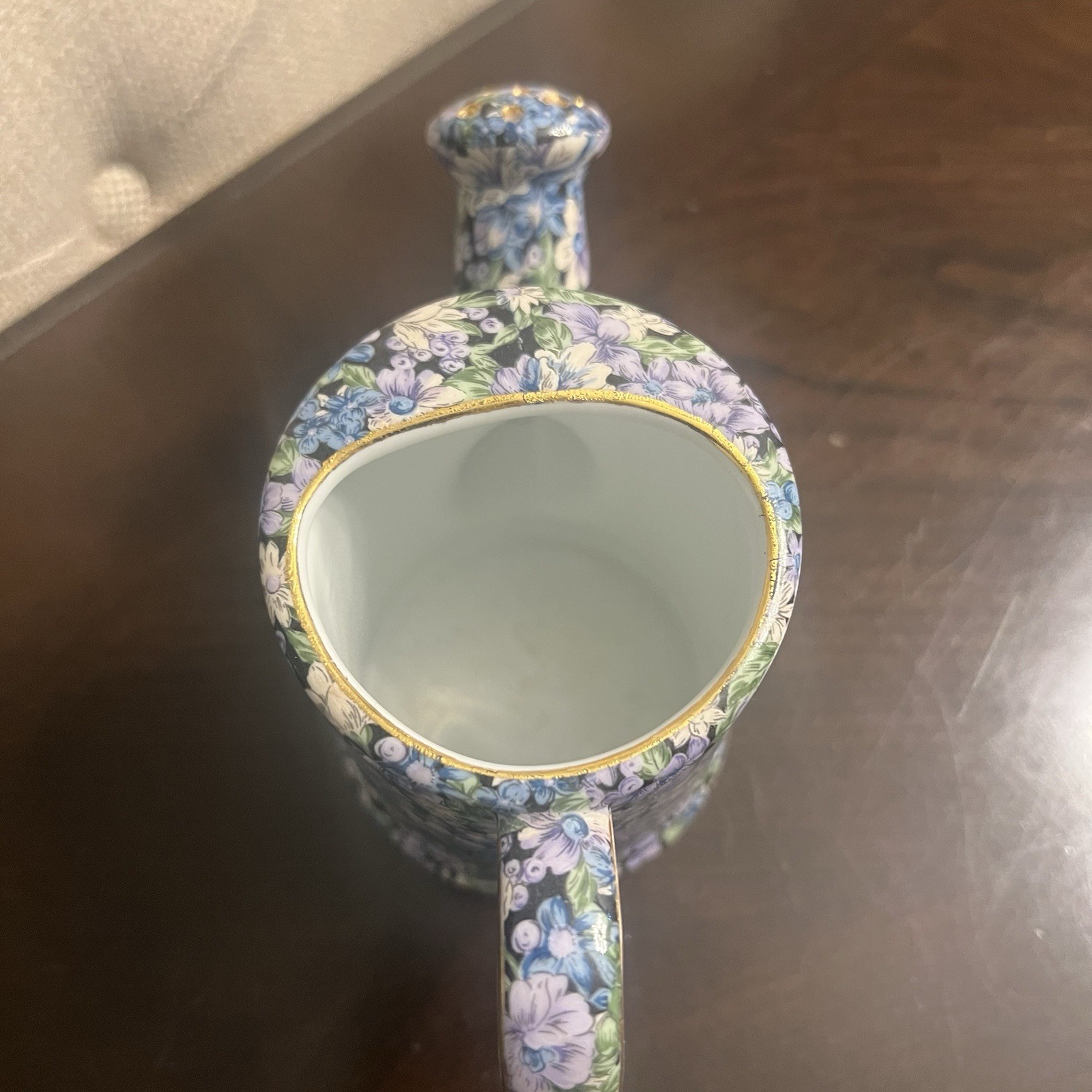 Porcelain Watering Can Two’s Company Mollie Blue Purple Chintz Floral Gold 4”