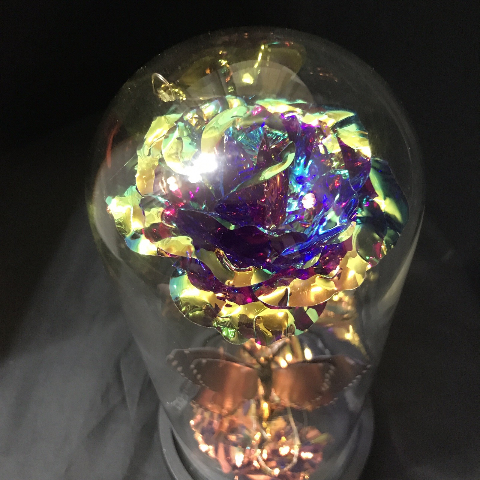 Foil Rose Flower Glass Dome LED Lights with a Butterfly Gift to a Special Person