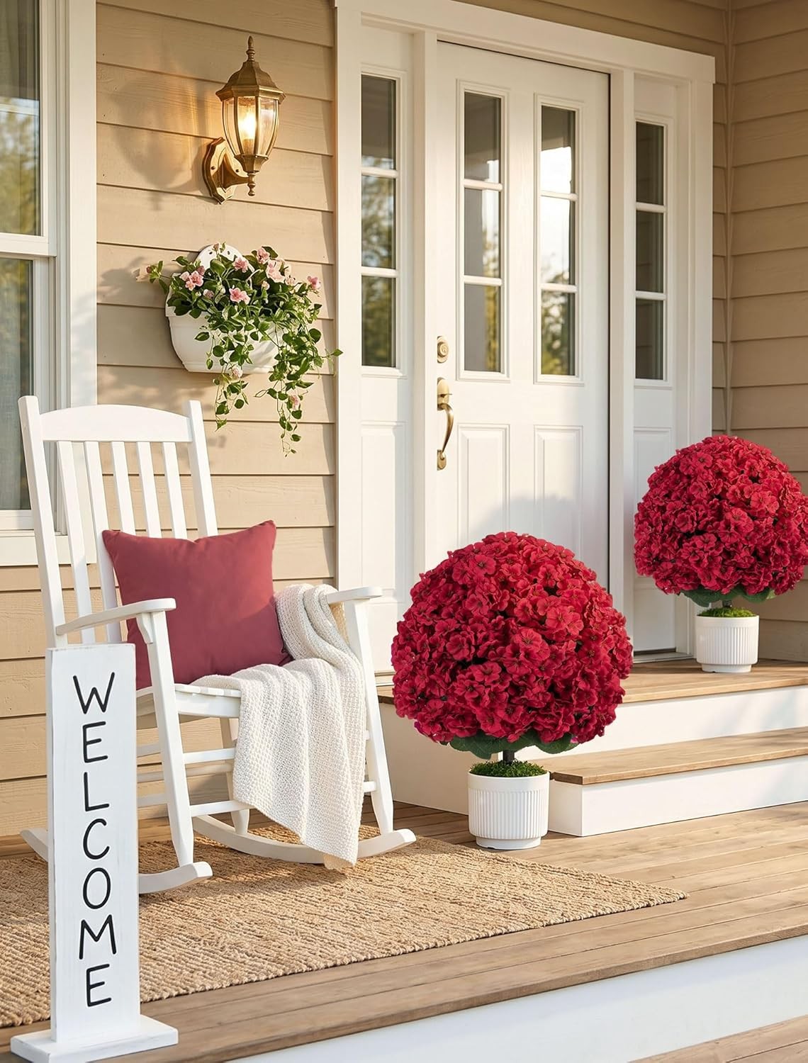 Artificial Geraniums for Outdoors Potted: 2-Pack 26″ Red Fake Flower Topiary Bal