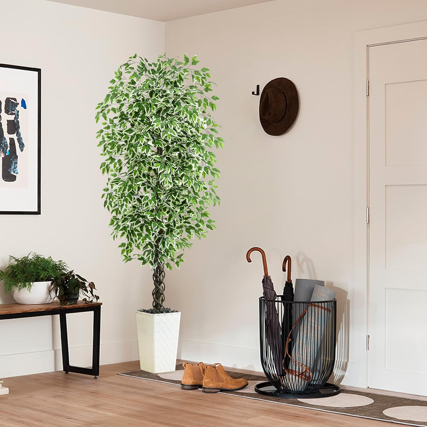 7FT Artificial Ficus Tree with White Planter – Lifelike Indoor/Outdoor Decor