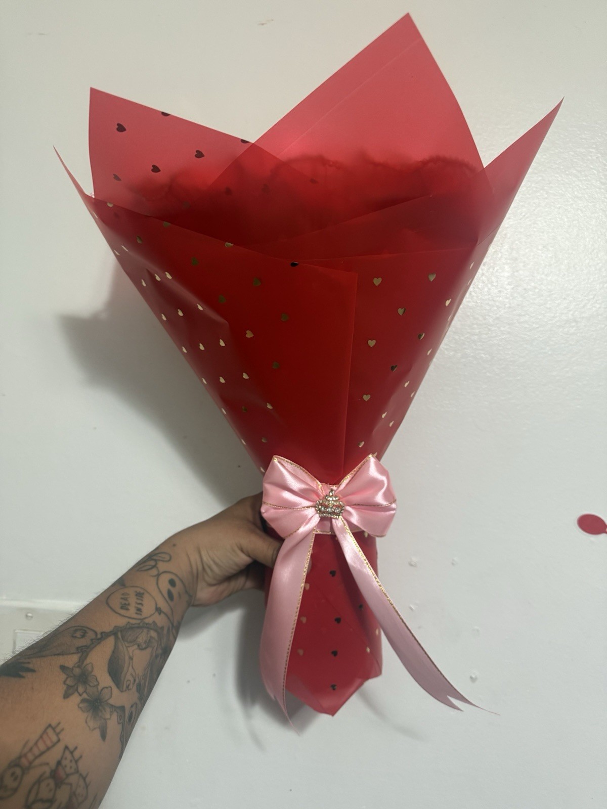 Artificial Pink & Red Rose Bouquet Fabric Floral Decor Heart Wrap Bow