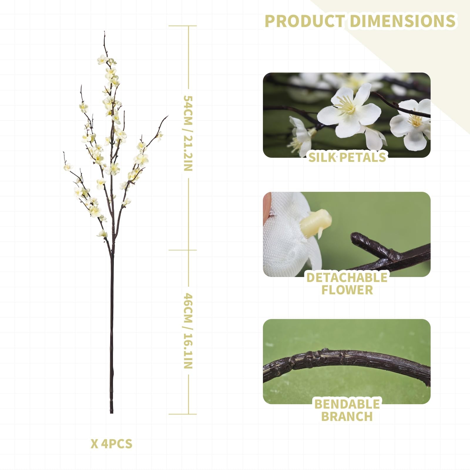 4Pcs Cherry Blossom Branches,39 Inch White Artificial Flowers Spring Summer I…