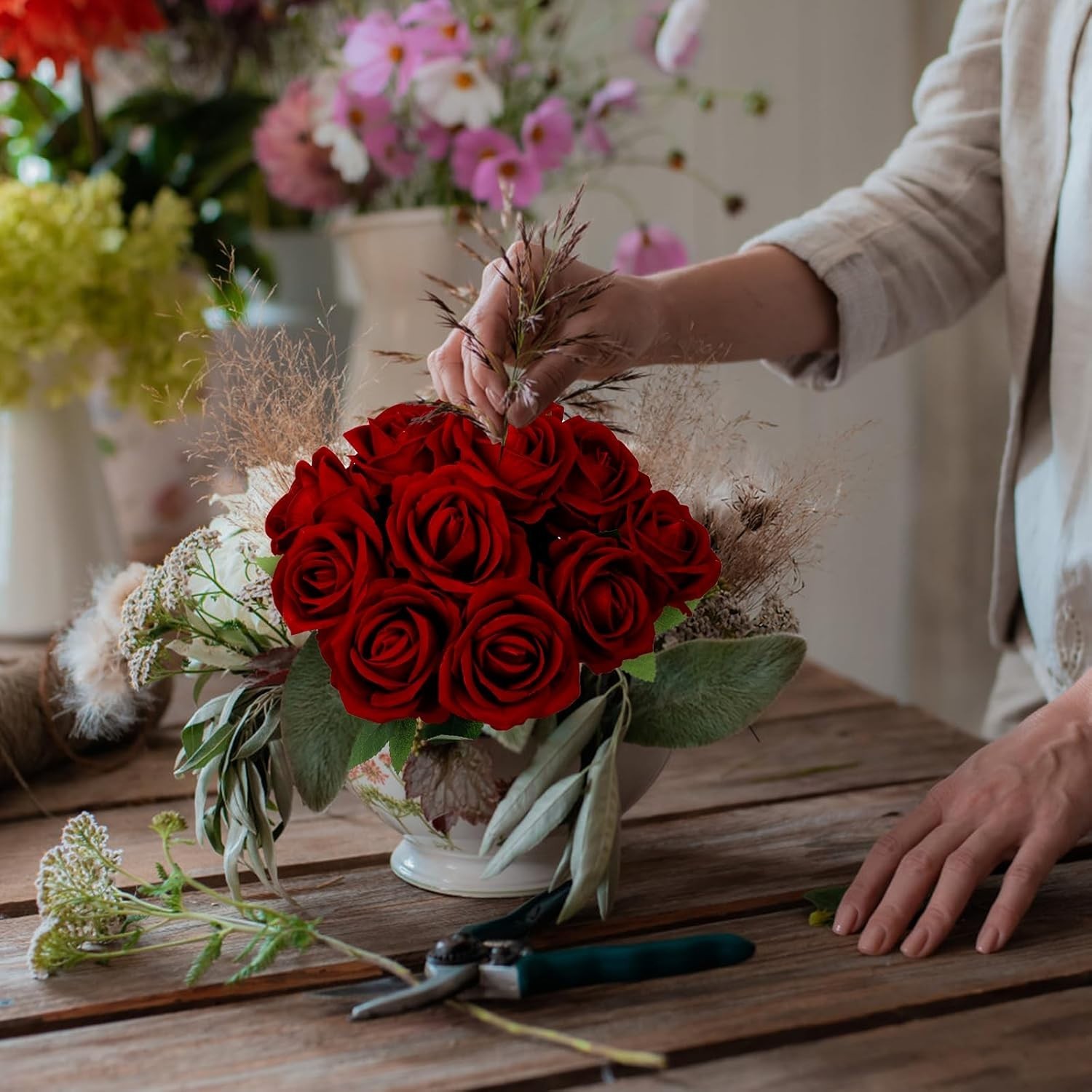 12 Pcs Silk Rose Flowers with Long Stems for Elegant Decor