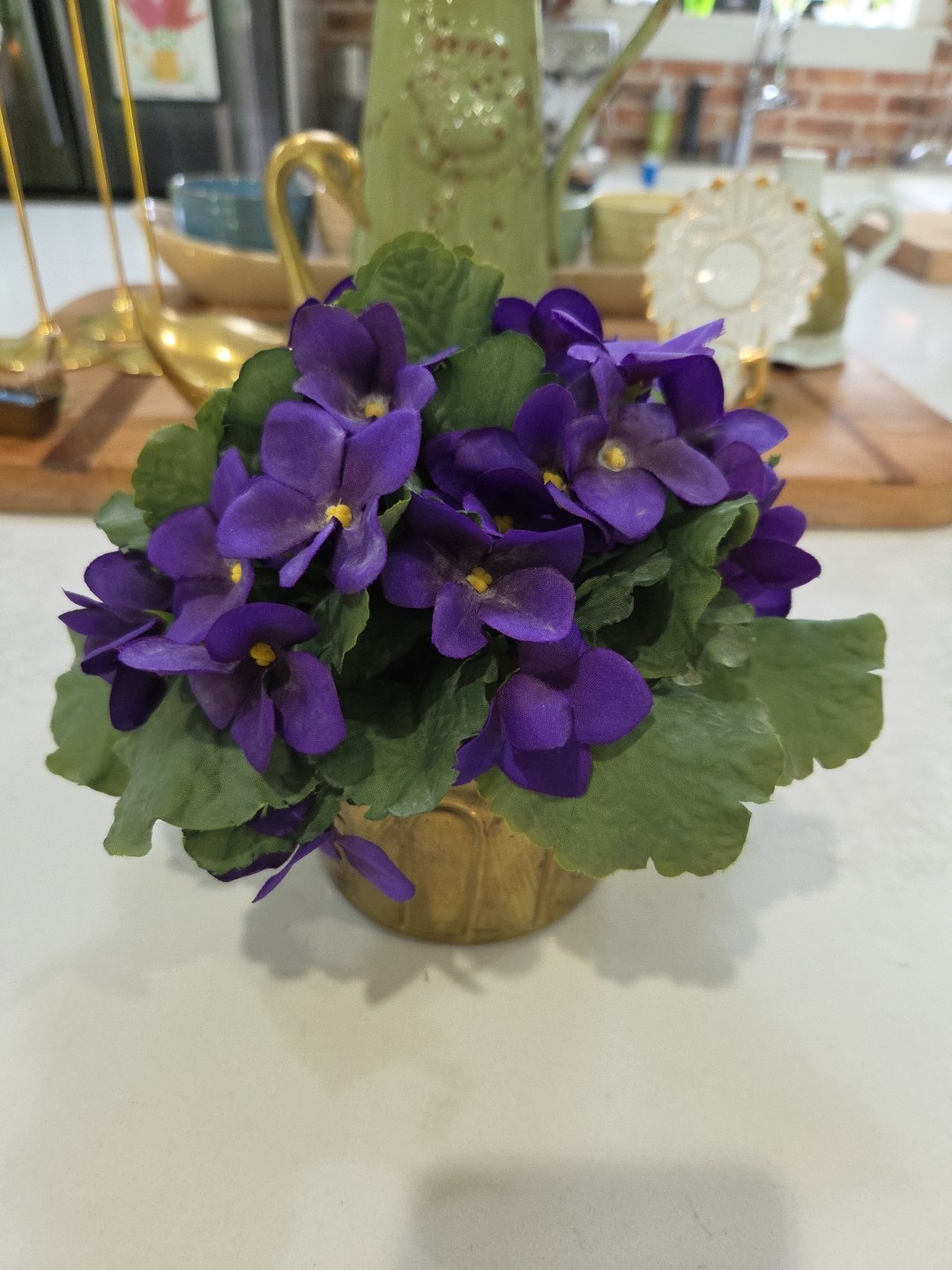 Artificial Miniature African Violet Silk Flowers In Solid Brass Pot Plant Decor