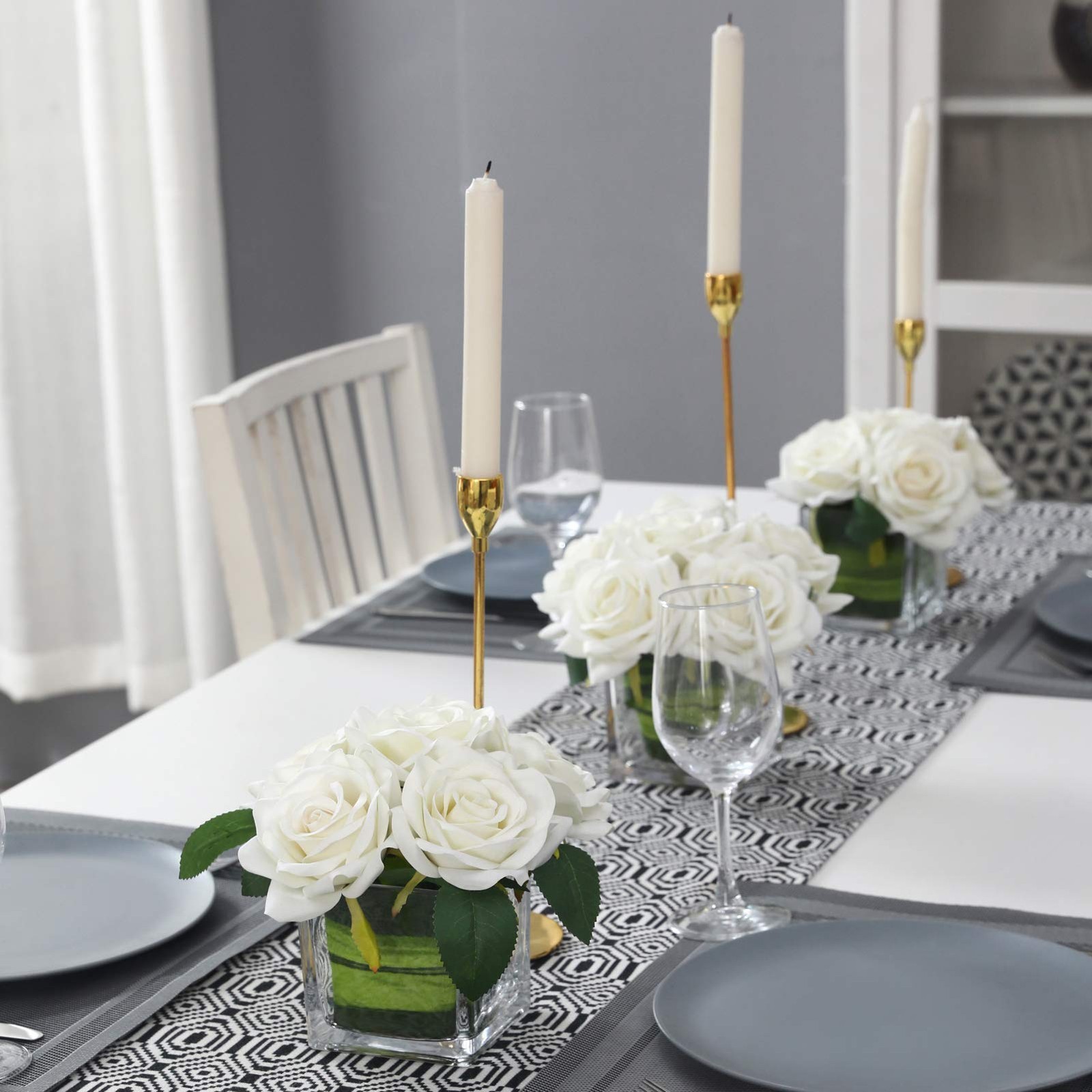 Artificial Velvet Rose Flower Centerpiece Arrangement in Vase Ivory Rose