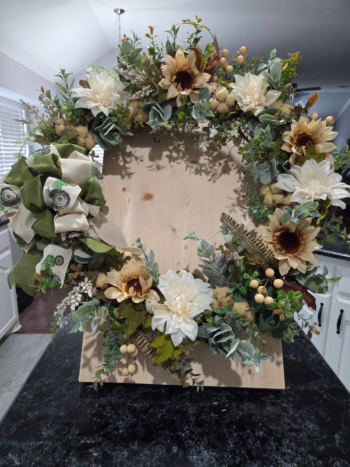 Organic Mixed Silk Flowers Wreath with Tea-Stained Cotton Bolls