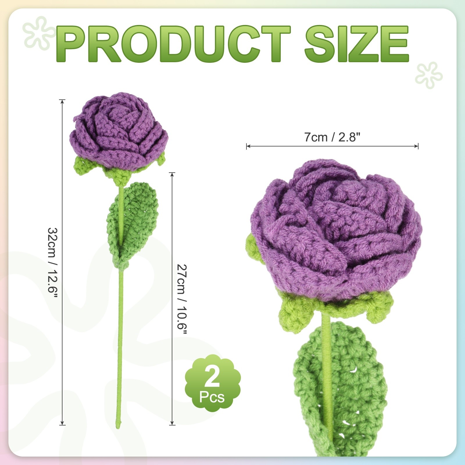 2Pcs Crochet Flower, Rose Handmade Knitted Bouquet, Dark Purple