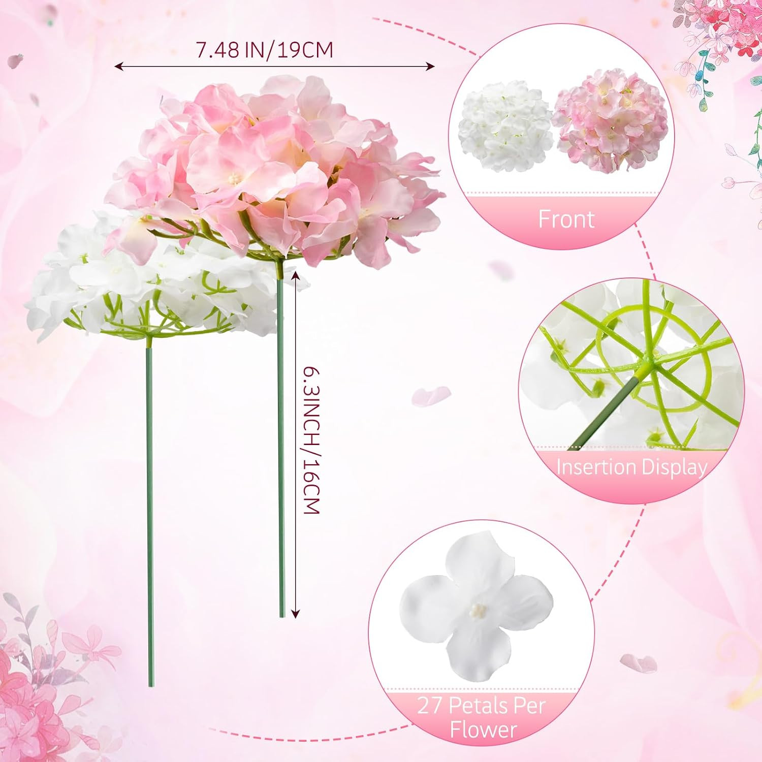 100 Pcs Artificial Hydrangea Flowers for Wedding & Home Decor (Pink, White)