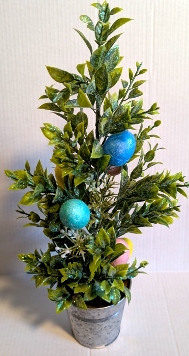 Easter Egg Tree Topiary in Metal Container Floral Foliage Decor 20″ Tall – New