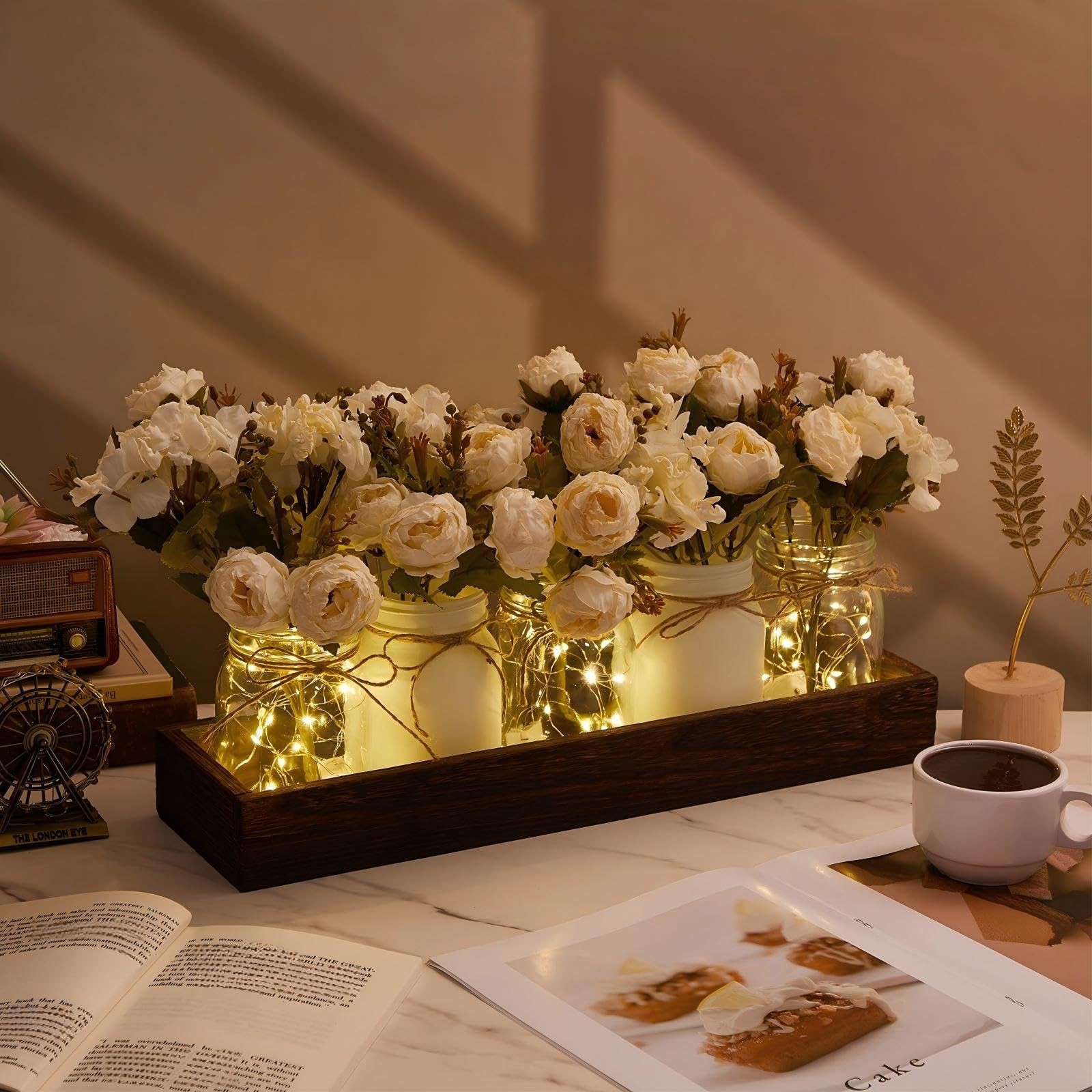 5 Pcs Peony Hydrangea Centerpiece Set with Wood Tray & LED Lights – Table Decor