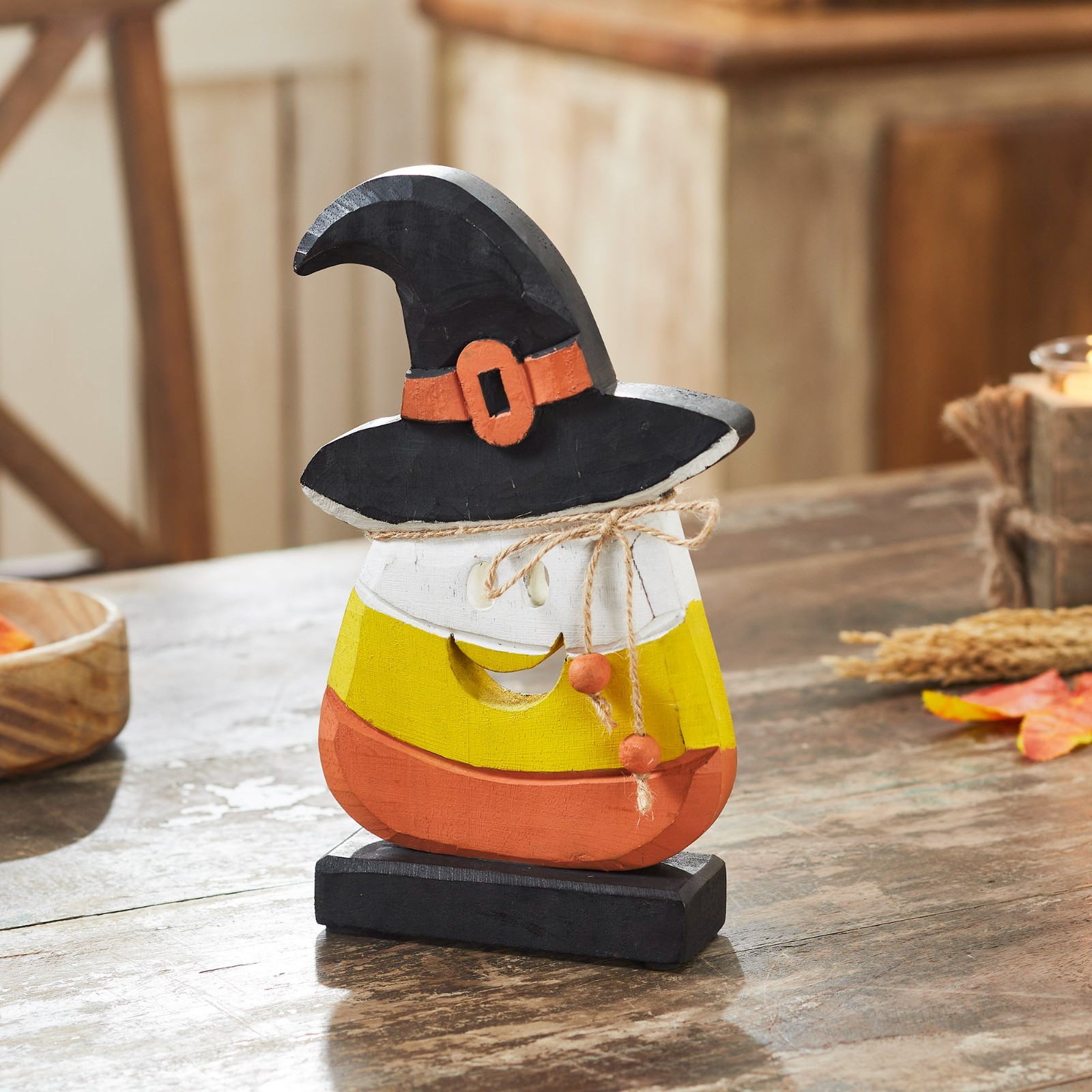 New Primitive Rustic Fall CARVED WOOD CANDY CORN WITCH Figure Shelf Sitter 10″