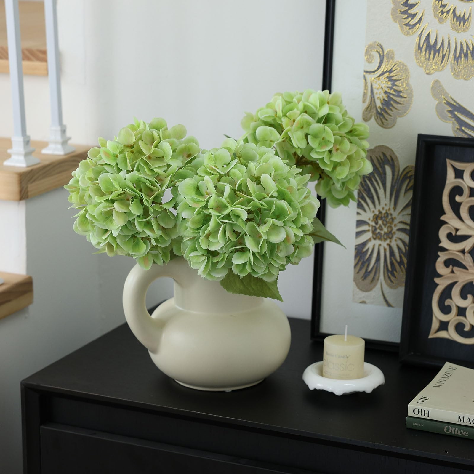 4Pcs Green Artificial Hydrangea Flowers Large Fake Silk Hydrangea Flower with…