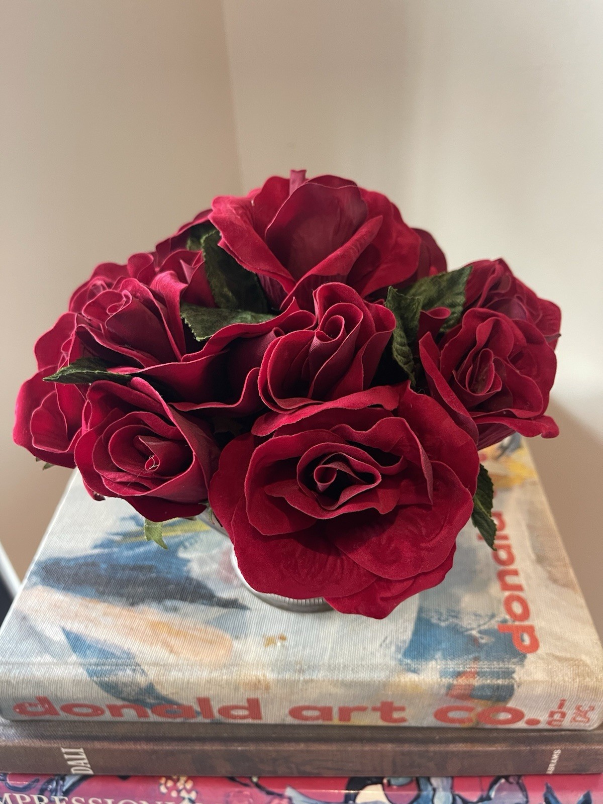 Faux Red Rose Small Arrangement In Aged Silver Pedestal Urn