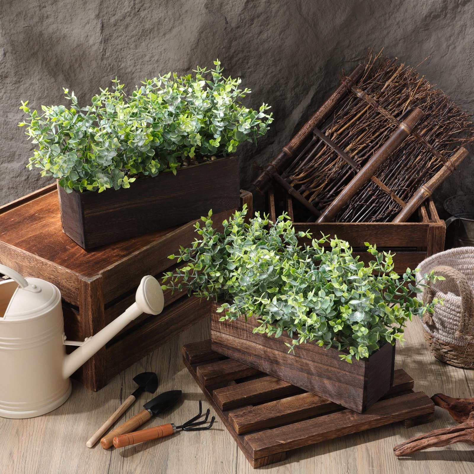 2 PCS Artificial Eucalyptus Plant Wooden Planter Box Faux Greenery 11×4 In
