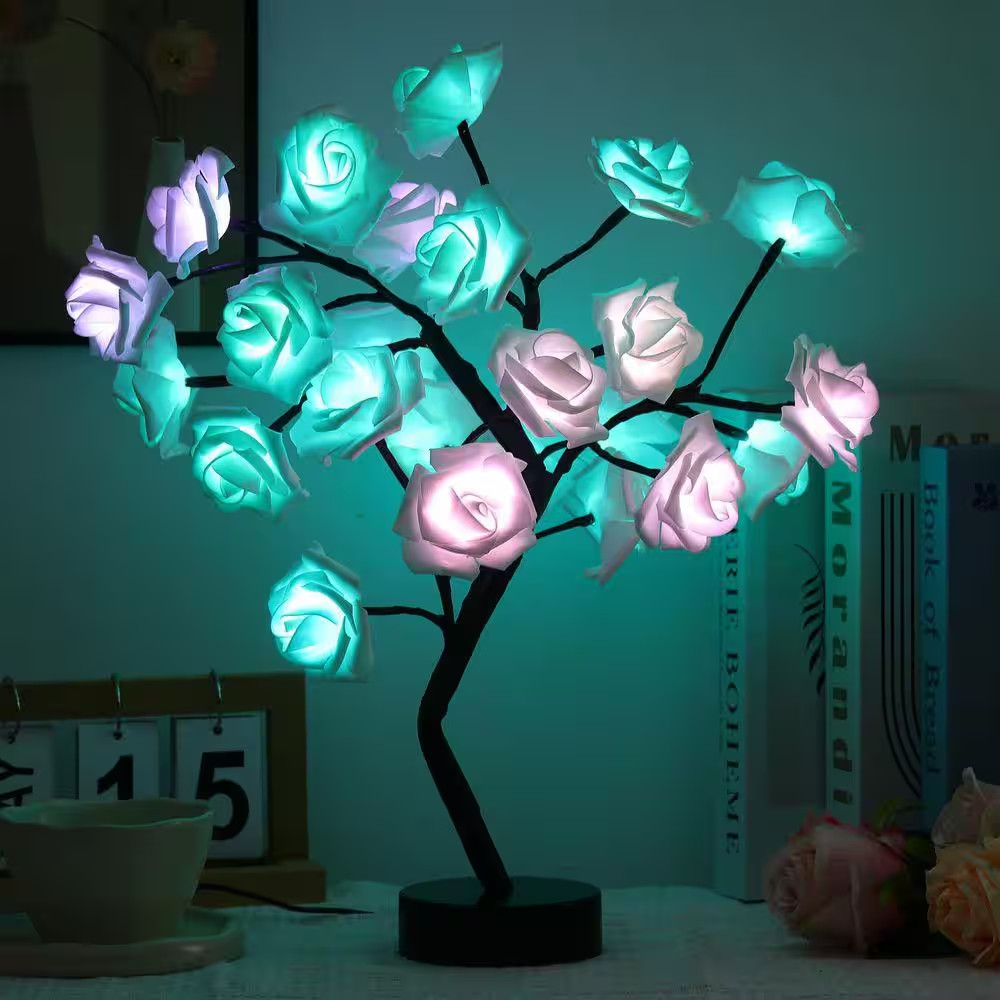 Artificial Rose Flower Tree LED Night Light Bonsai Style Tabletop Tree in Pot fo