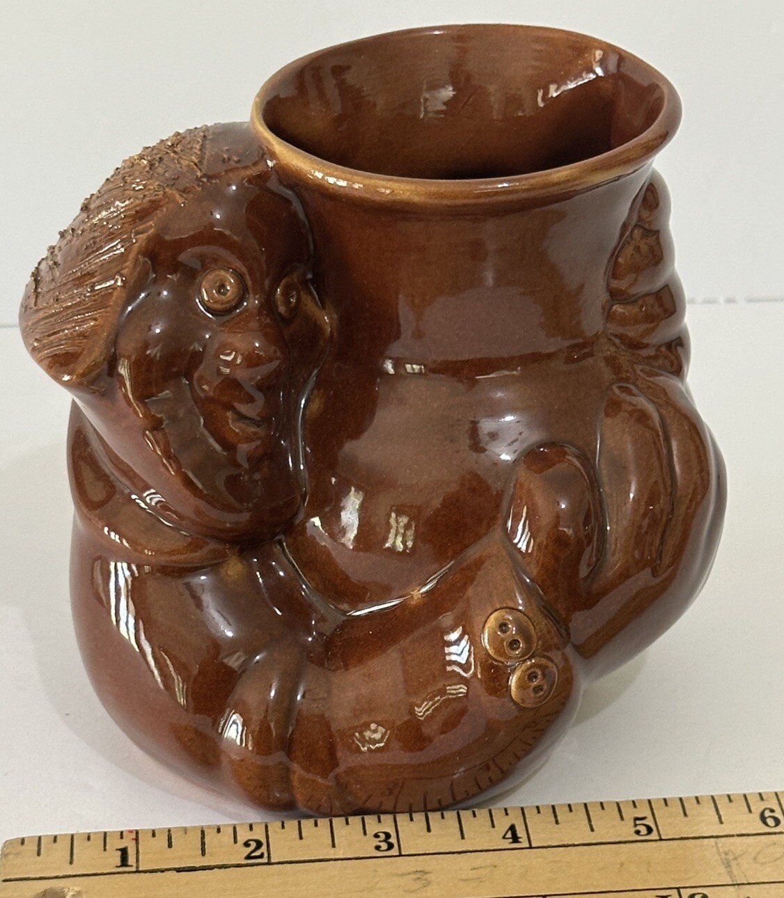 VTG handmade Russian planter Unique head Face 1941 Vase Flower Pot Brown Glaze
