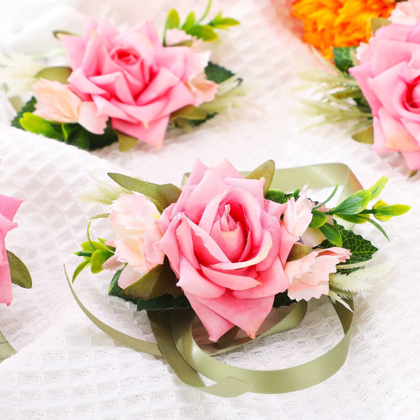 12 PCS Boutonniere Corsage Set Wedding Party Flower Wrist Pink Men Women Prom
