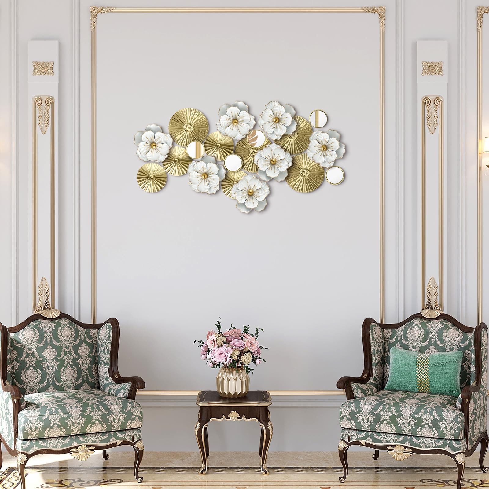 Briwooody Metal Flower Wall Decor Ivory Plates Mirror Flower, Gold