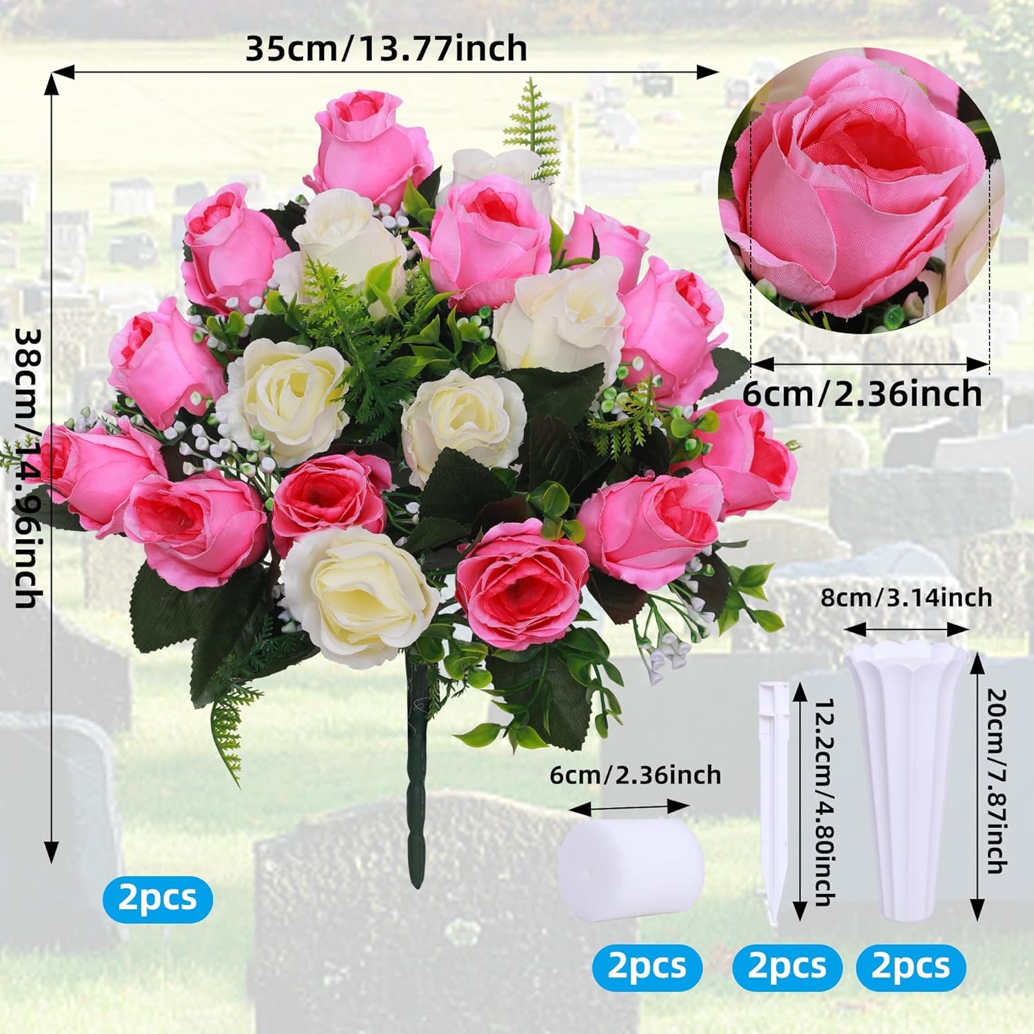 Set of 2 Artificial Cemetery Flowers with Vase,Grave Memorial Flowers,Artificial