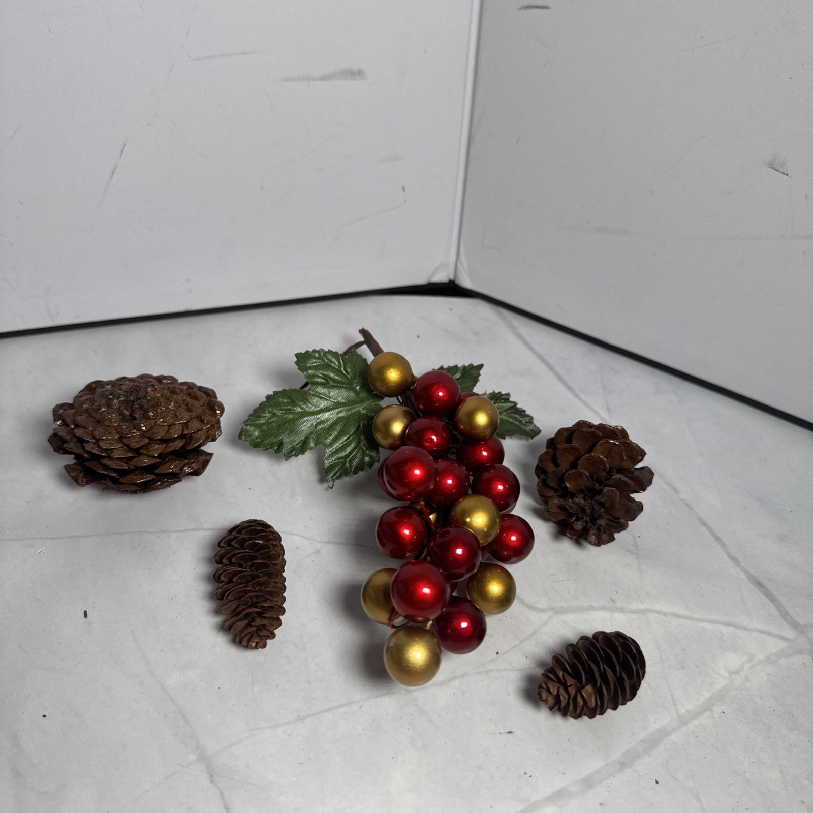 Red And Gold Holly Berry Stem and 4 Pine Cones Individual.