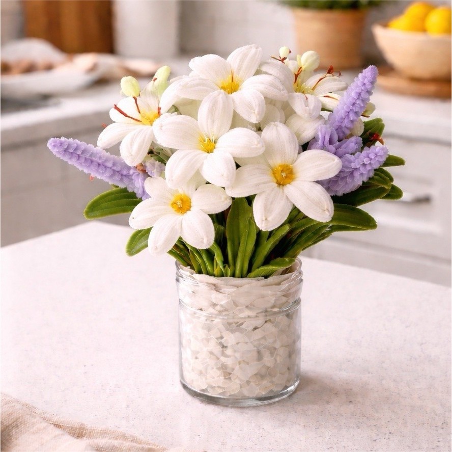Artificial Daisy Flower Arrangement White Yellow Pink Purple Green in Vase