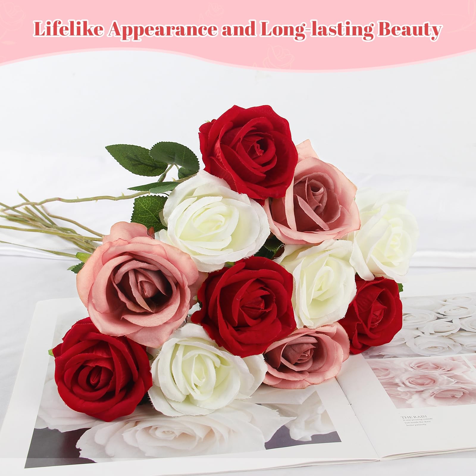 Artificial Roses Bulk White Rosy Silk Rose with Stem, 52pcs Fake Flowers Deco…