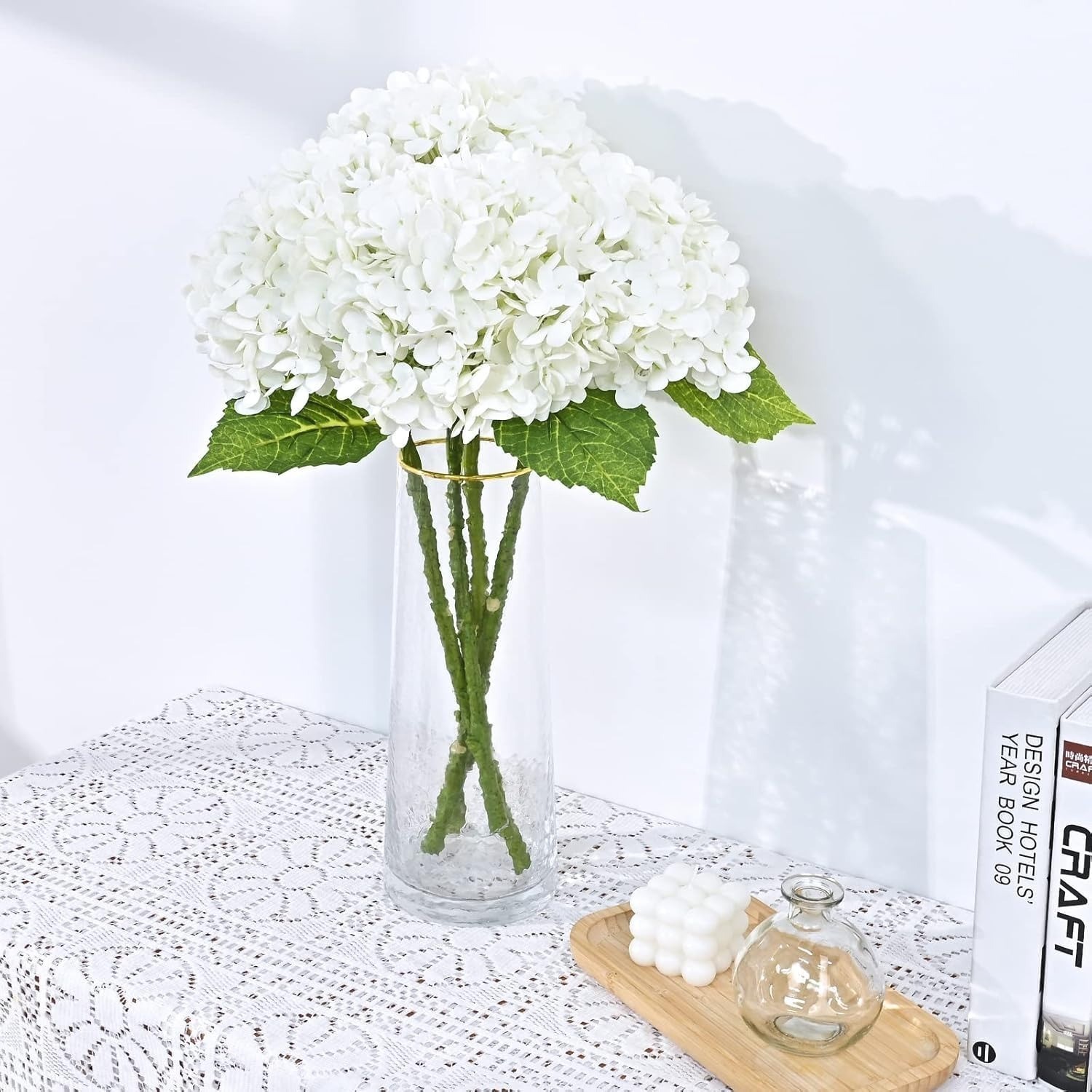 5 pcs Real Touch White Hydrangea Artificial Flowers Long Stem Faux Bouquet Bulk