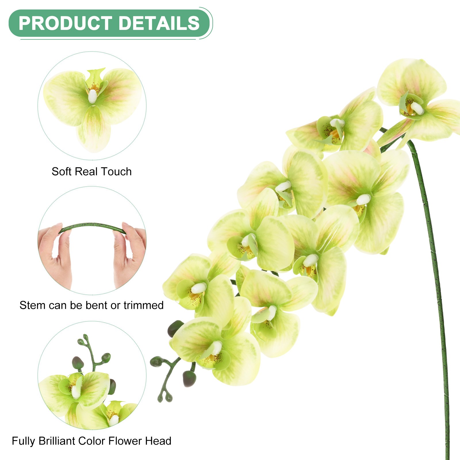 6-Pack Artificial Orchid Flowers 9 Large Petals for Home[Light Green]