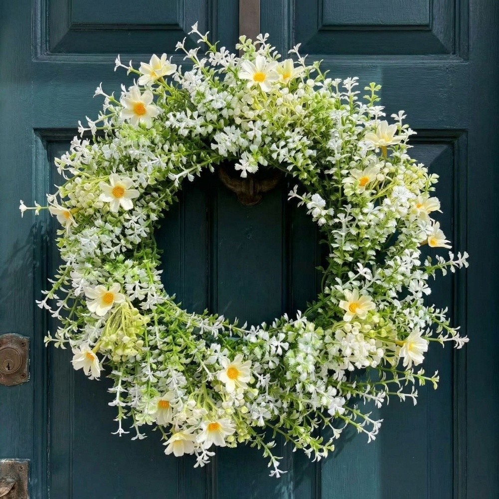 Plastic Spring Wreath White Eucalyptus Floral Decor for Door or Wall Mount