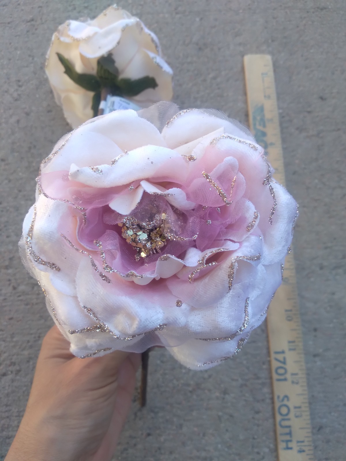 Kurt S Adler Decorative Artificial Flowers Pink Rose x 2 Glitter Rim