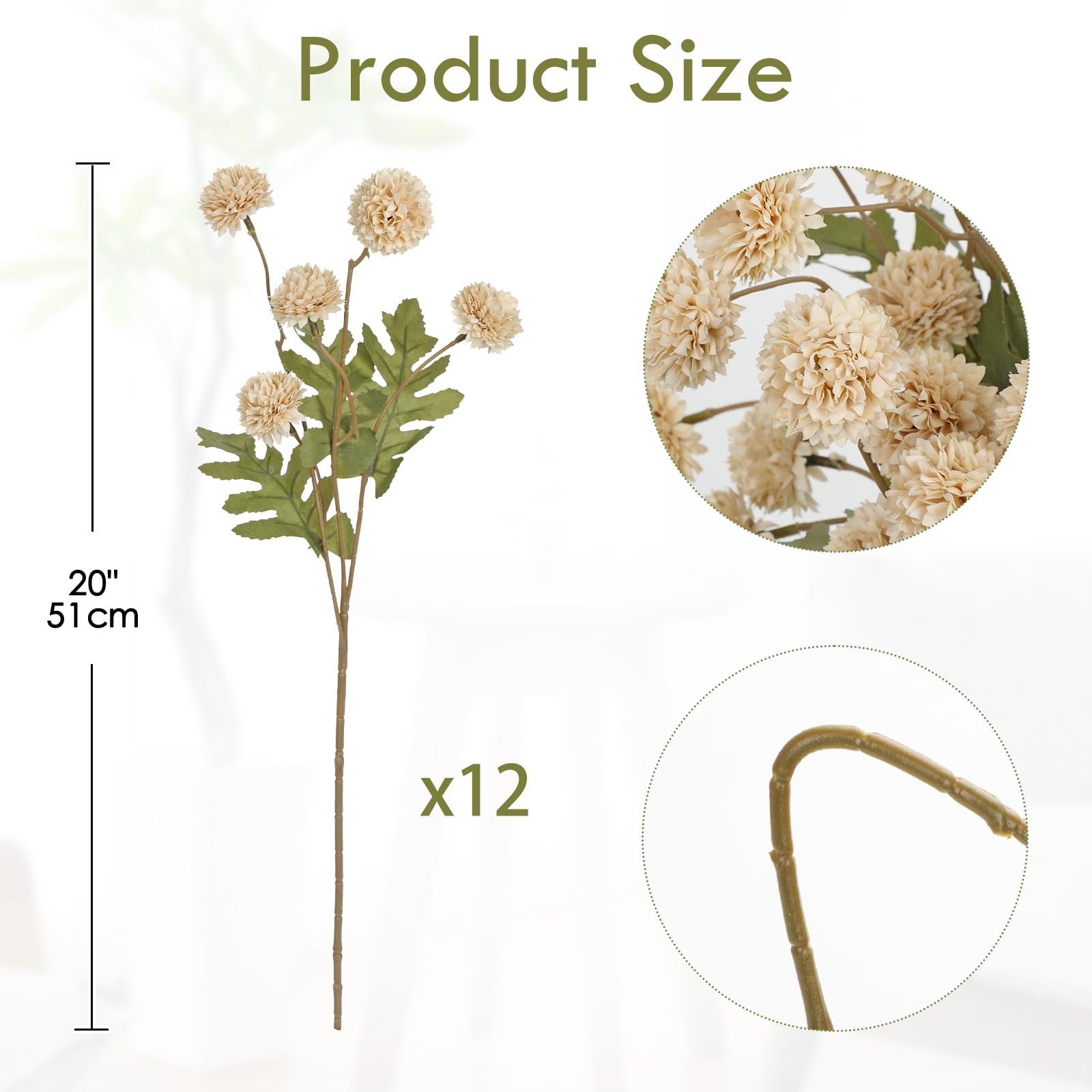 12pcs Artificial Pompom Mums Flowers Fall Beige Faux Chrysanthemums