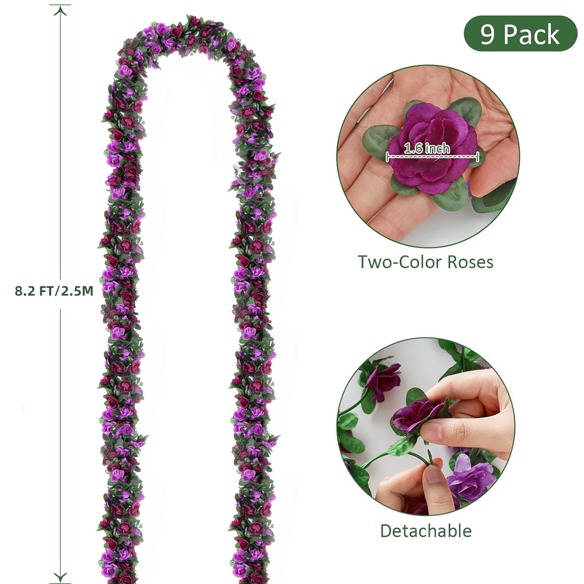 9PCS 8.2FT Artificial Silk Flowers Garland Fake Rose Vines Wall Hanging Plants