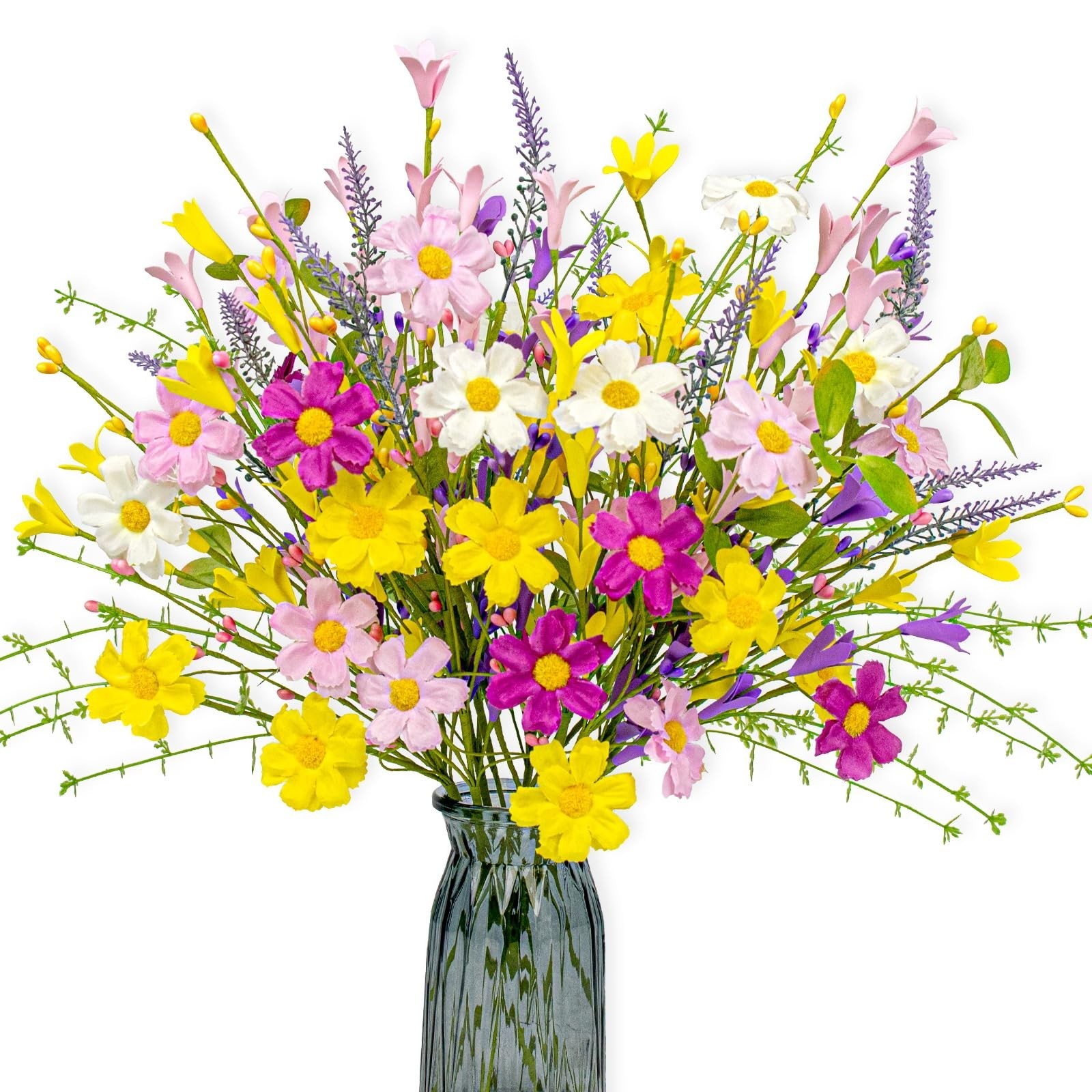 18 Pack Artificial Spring Flowers – 17″ Colorful Daisies & Forsythia Stems for A